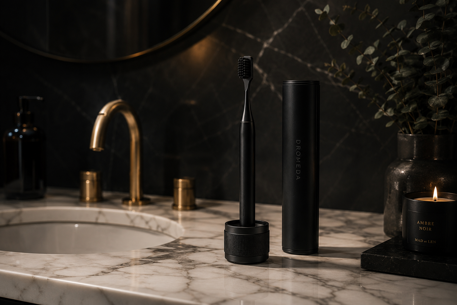 DROMEDA on a marble vanity in a luxury hotel bathroom