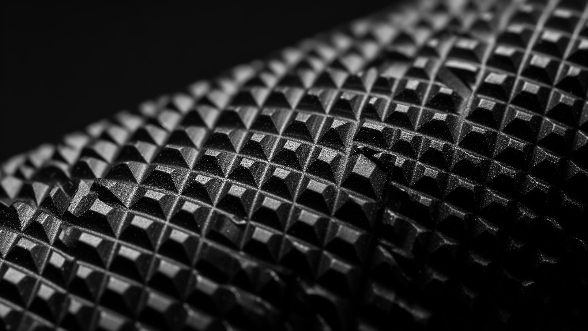 Macro detail of knurled matte black anodised metal finish