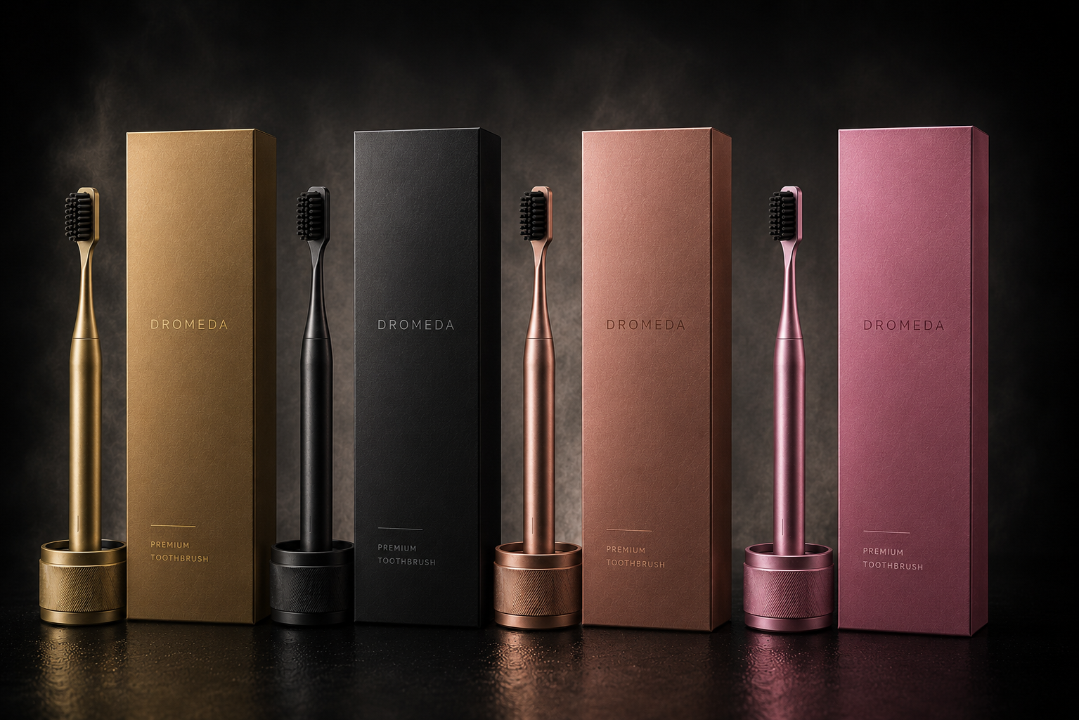 DROMEDA brushed metal case opened revealing the matte black toothbrush
